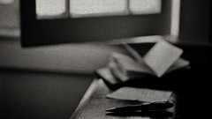 Books pens monochrome blurred window panes