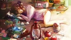 Books Radio Plants sleeping Ribbons Lamps pillows anime girls 