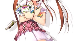 Books red eyes anime girls brunettes twintails Kantoku (artist) 