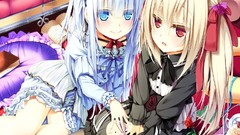 Books red eyes Ribbons cakes blondes blue hair long hair anime 