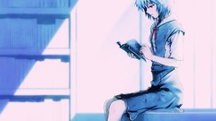 Books red eyes skirts blue hair reading school uniforms short 