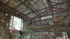 Books Robots beds stairs long hair barefoot indoors scenic