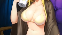 Books sitting blondes cups beverages smiling anime girls green 