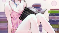 Books sitting blush anime girls blue eyes reading kishida mel 