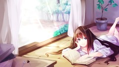 Books smiling long hair anime girls blue eyes reading black 