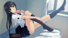 Books tie beds anime girls brunettes school uniforms black eyes 
