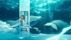 Books tower Whales underwater sunlight teddy bears surreal