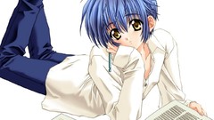 Books white background blue hair lying down anime boys