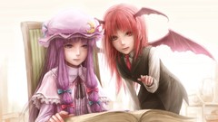 Books wings tie hats devil red eyes long hair witches touhou 