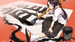 Bows blue eyes brunettes Japanese clothes