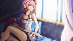 Bows curtains guitars pink hair vocaloid orange eyes Nekomura 