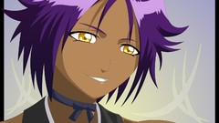 Bows smiling bleach shihouin yoruichi yellow eyes purple hair 