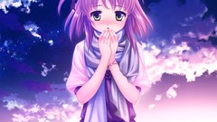 Bracelets scarfs blush anime girls green eyes short hair purple 