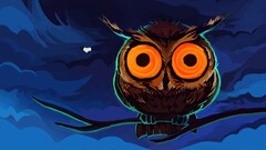 branch artwork night Animals blue animal eyes Birds clouds owl