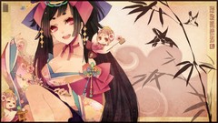 Branches bamboo Chibi red eyes Ribbons sitting long hair anime 
