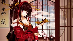 Branches origami red eyes Ribbons kimono houses fans long hair 