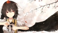 Branches wings hats red eyes Ribbons faces anime girls 