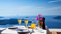 Breakfast Greece santorini glasses plates Tables drinks pink 