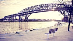 Bridge bench snow Lake photography water winter architecture