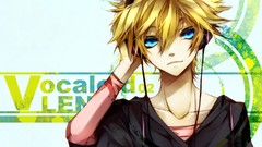 Bright text headphones blondes male blue eyes short hair 