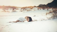 Bright woman dress Beaches brunettes lying down depth of field 