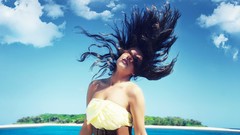 Bright woman Islands long hair brunettes yellow dress