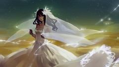 Brown anime girls blue eyes black hair skyscapes wedding dresses