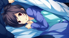 Brown beds red eyes pajamas blush anime girls black hair game 