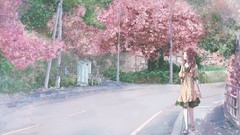 Brown dress anime girls green eyes cherry blossoms scenic