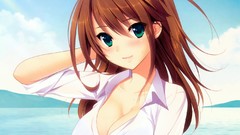 Brown dress Maya wet long hair green eyes bra cleavage 