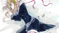 Brown glasses dress anime girls green eyes lying down original 