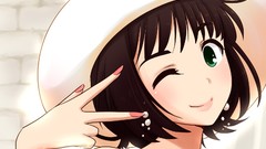 Brown hats anime girls green eyes wink amami haruka