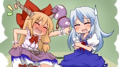 Brown horns Chibi blush blue hair long hair touhou ibuki suika 