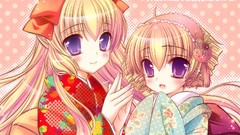 Brown kimono blush long hair anime girls short hair purple eyes 