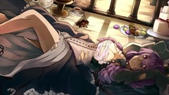 Brown legs vocaloid purple hair duplicate purple eyes lying 