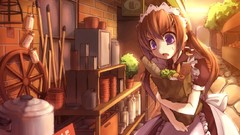 Brown long hair anime girls brunettes purple eyes maid costumes