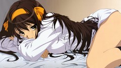 Brown long hair anime girls suzumiya haruhi lying down the 