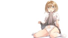 Brown navel blush blue eyes short hair underwear panties knee 