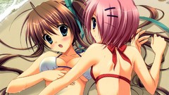 Brown pink hair long hair anime girls blue eyes short hair 