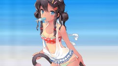 Brown Ribbons Beaches anime girls blue eyes bikini twintails 
