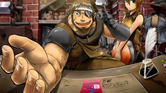 Brown scars armor anime girls short hair black eyes eyepatch