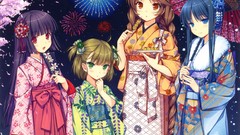 Brown Umbrellas fireworks eating anime girls black hair yukata 