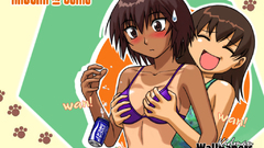 Brunettes bikini swimsuits holding