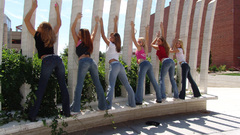 Brunettes blondes jeans outdoors