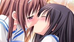 Brunettes school uniforms kissing
