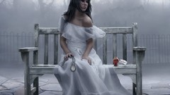 Brunettes woman fog bench