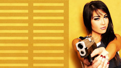 Brunettes woman Guns blue