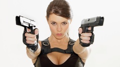 Brunettes woman Guns cleavage