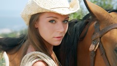 Brunettes woman outdoors Horses