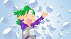 Bubbles blue background anime girls closed eyes green hair open 